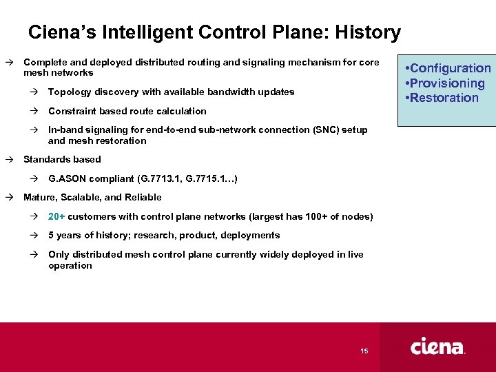 Ciena’s Intelligent Control Plane: History Complete and deployed distributed routing and signaling mechanism for