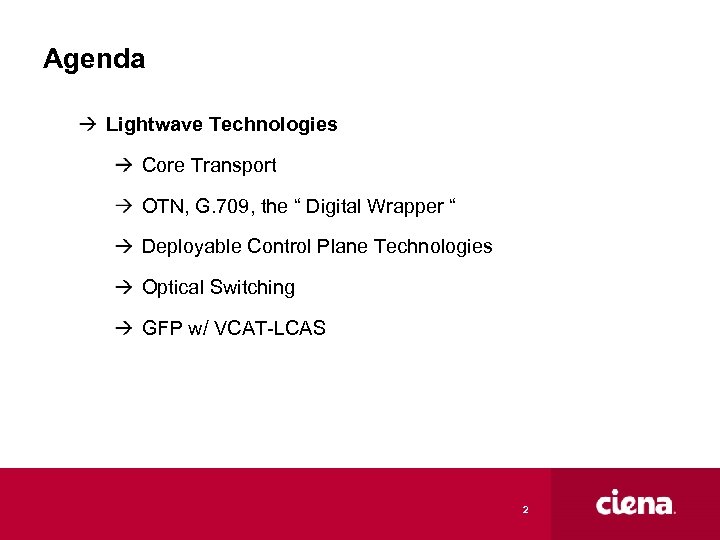 Agenda Lightwave Technologies Core Transport OTN, G. 709, the “ Digital Wrapper “ Deployable