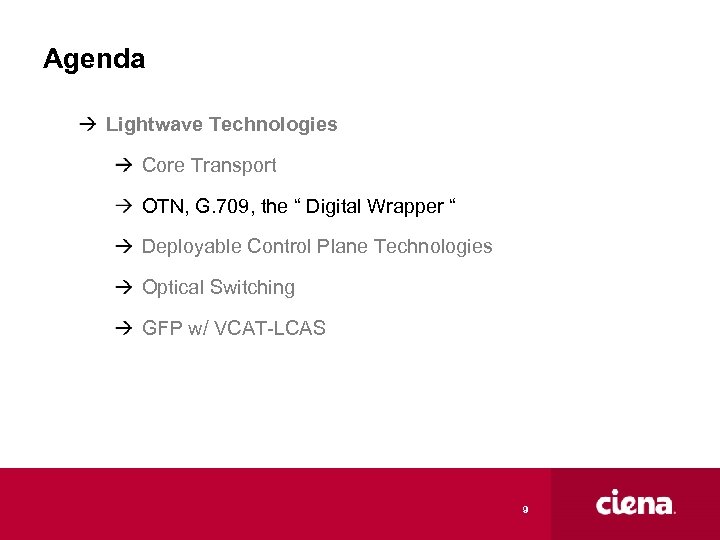 Agenda Lightwave Technologies Core Transport OTN, G. 709, the “ Digital Wrapper “ Deployable