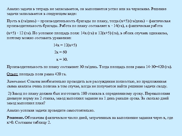 Анализ задачи в тетрадь не записывается, он выполняется устно или на черновике. Решение задачи