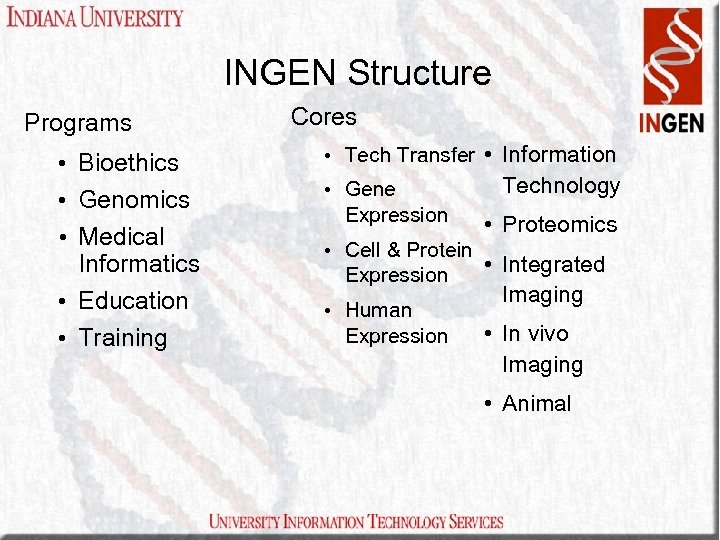 INGEN Structure Programs Cores • Bioethics • Tech Transfer • Information • Genomics •