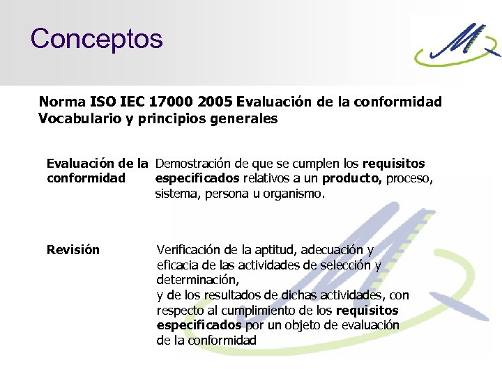 Conceptos Norma ISO IEC 17000 2005 Evaluación de la conformidad Vocabulario y principios generales