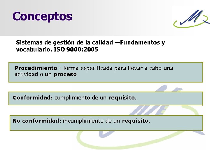 Conceptos Sistemas de gestión de la calidad —Fundamentos y vocabulario. ISO 9000: 2005 Procedimiento