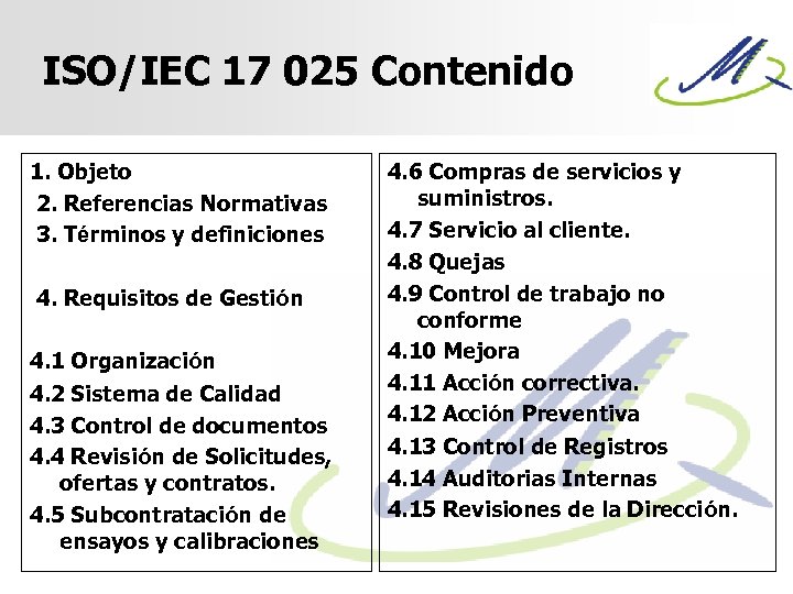 ISO/IEC 17 025 Contenido 1. Objeto 2. Referencias Normativas 3. Términos y definiciones 4.