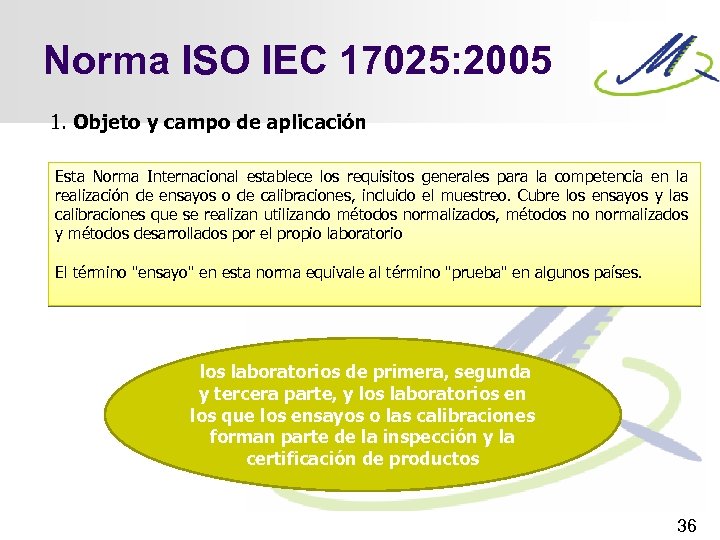 Norma ISO IEC 17025: 2005 1. Objeto y campo de aplicación Esta Norma Internacional