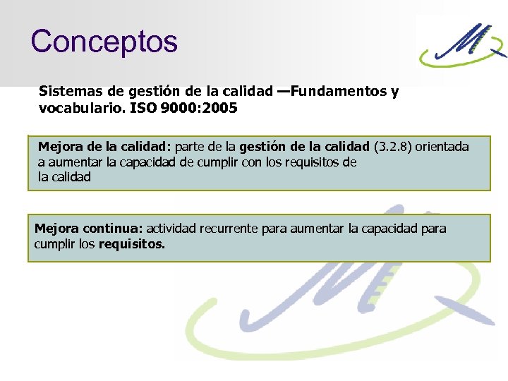 Conceptos Sistemas de gestión de la calidad —Fundamentos y vocabulario. ISO 9000: 2005 Mejora