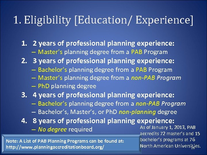1. Eligibility [Education/ Experience] 1. 2 years of professional planning experience: – Master’s planning