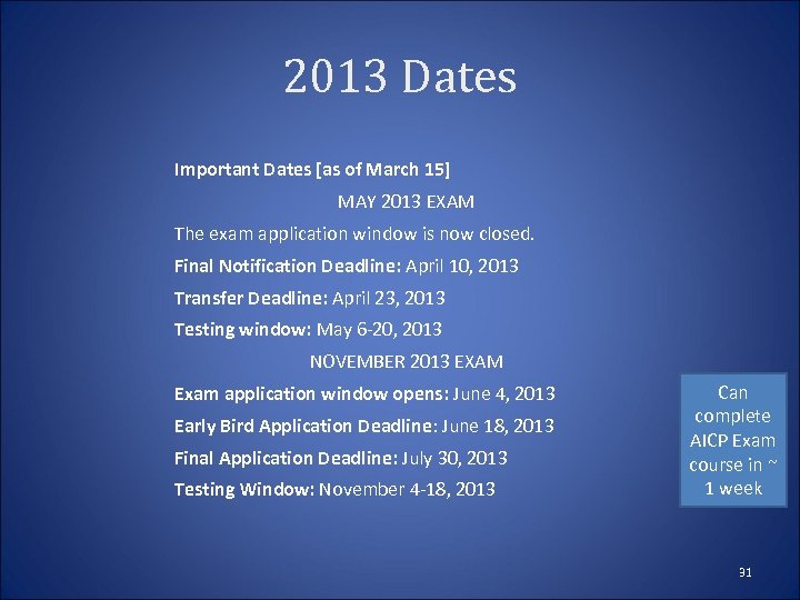 2013 Dates Important Dates [as of March 15] MAY 2013 EXAM The exam application