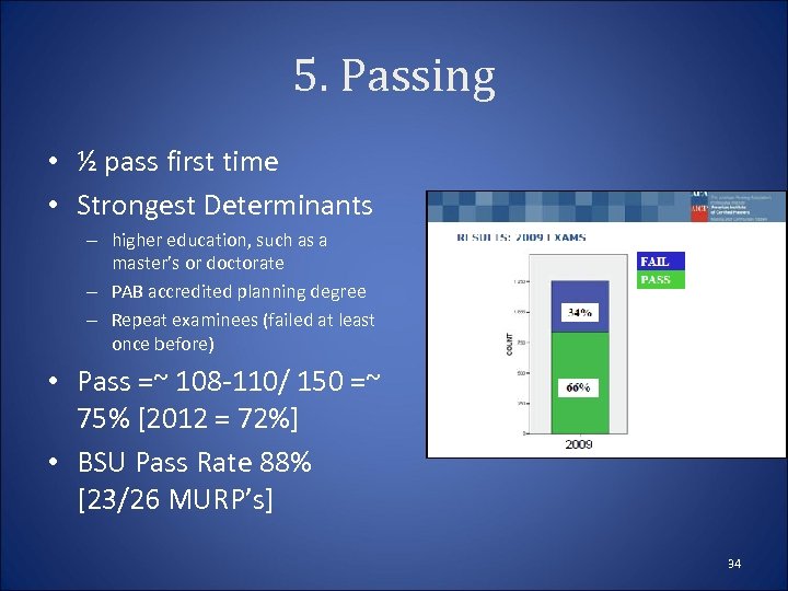 5. Passing • ½ pass first time • Strongest Determinants – higher education, such