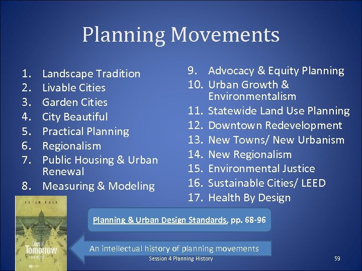 Planning Movements 1. 2. 3. 4. 5. 6. 7. Landscape Tradition Livable Cities Garden