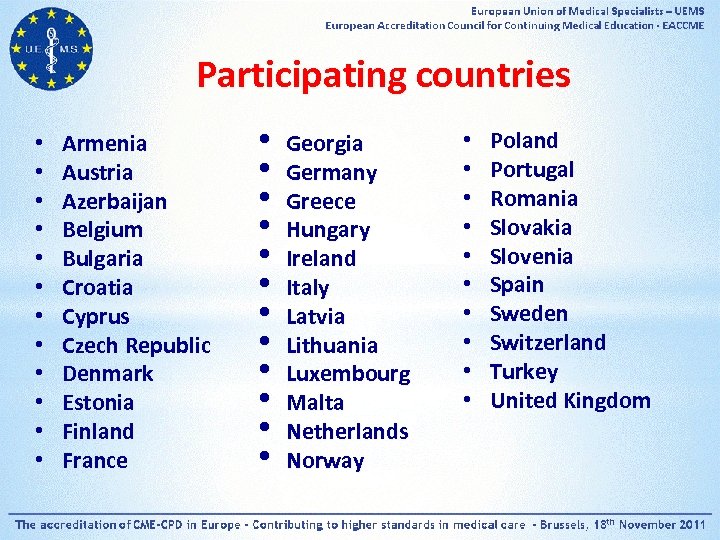 Participating countries • • • Armenia Austria Azerbaijan Belgium Bulgaria Croatia Cyprus Czech Republic