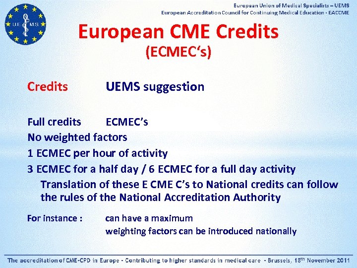 European CME Credits (ECMEC‘s) Credits UEMS suggestion Full credits ECMEC’s No weighted factors 1