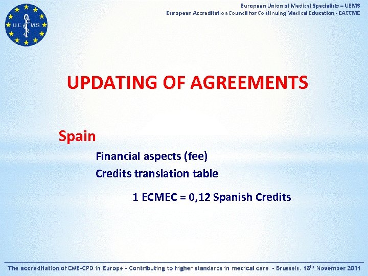 UPDATING OF AGREEMENTS Spain Financial aspects (fee) Credits translation table 1 ECMEC = 0,