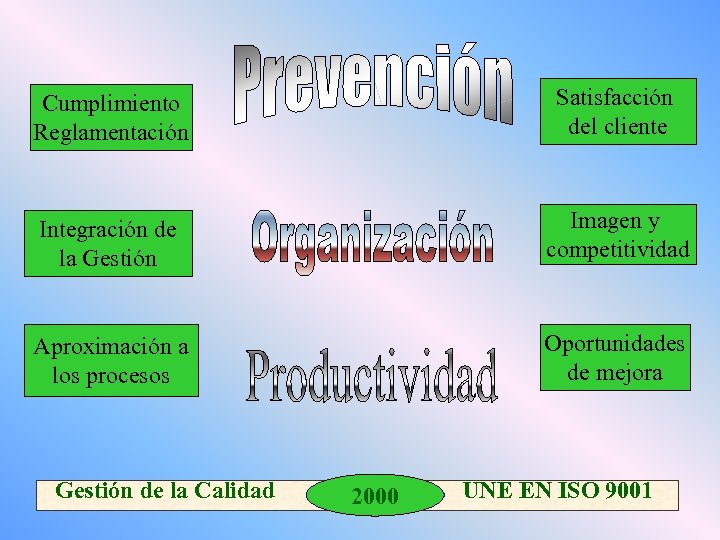 Cumplimiento Reglamentación Satisfacción del cliente Integración de la Gestión Imagen y competitividad Aproximación a