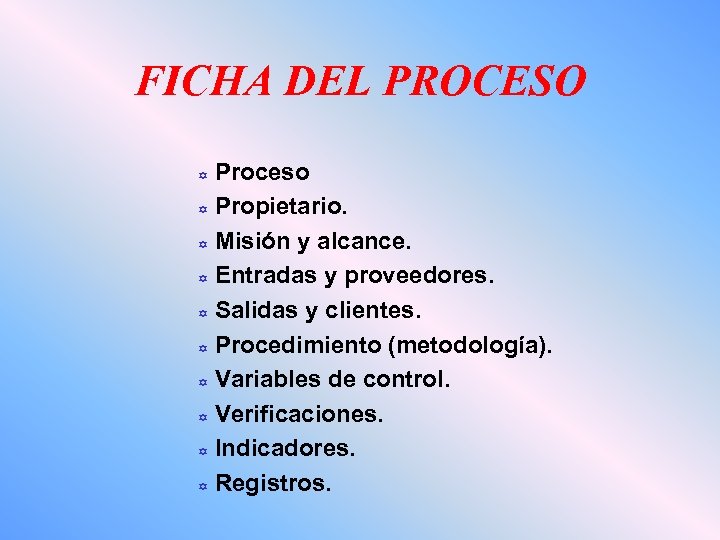 FICHA DEL PROCESO Proceso Y Propietario. Y Misión y alcance. Y Entradas y proveedores.