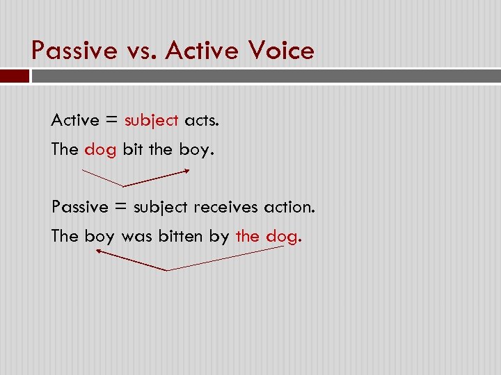 Passive vs. Active Voice Active = subject acts. The dog bit the boy. Passive