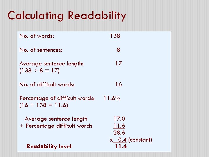 Calculating Readability No. of words: 138 No. of sentences: 8 Average sentence length: (138