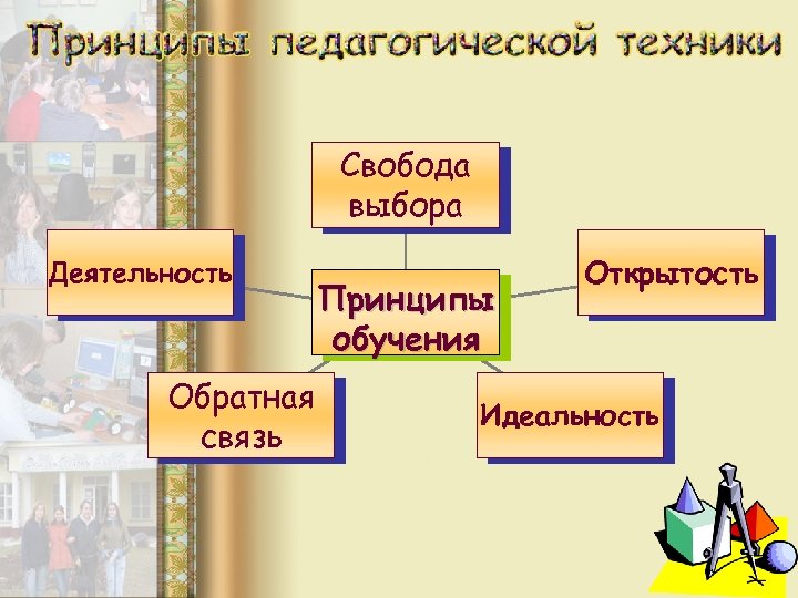 Свобода выбора Деятельность Обратная связь Принципы обучения Открытость Идеальность 