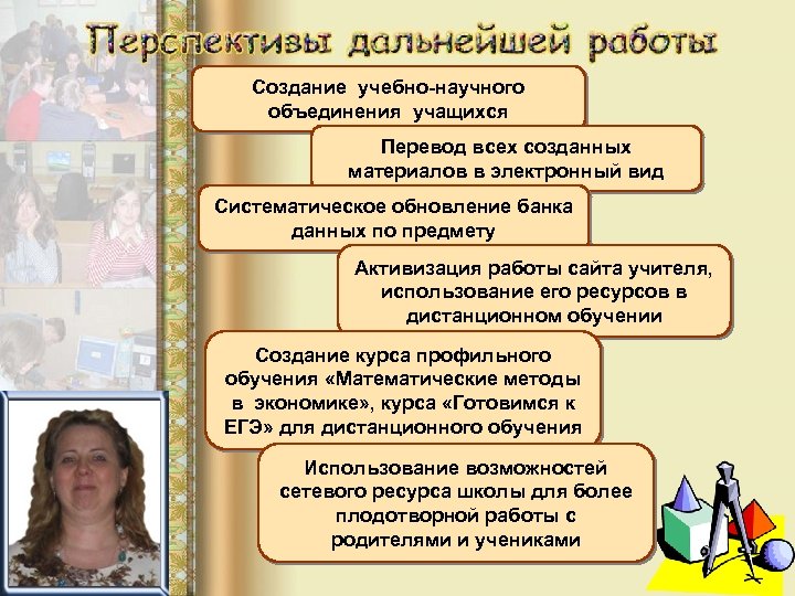 Создание учебно-научного объединения учащихся Перевод всех созданных материалов в электронный вид Систематическое обновление банка