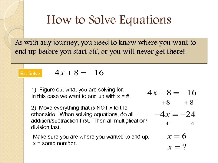 How to Solve Equations As with any journey, you need to know where you