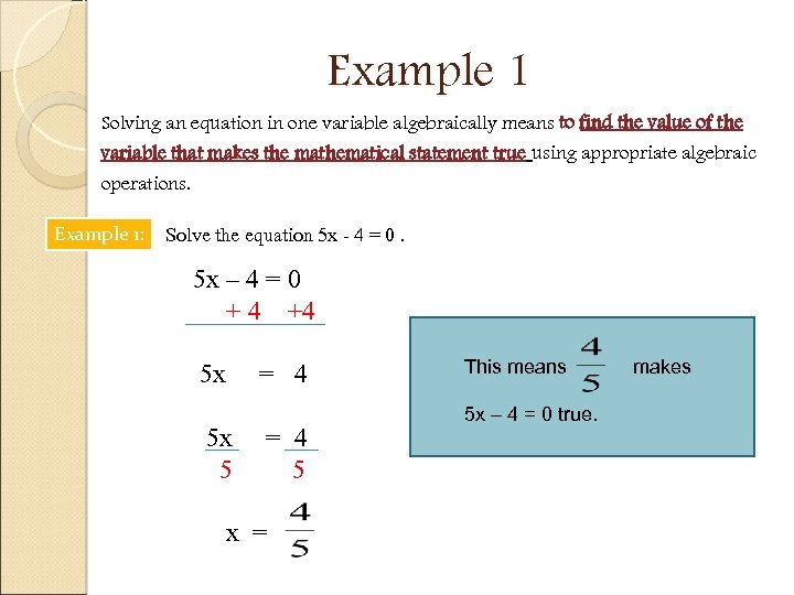 Example 1 Solving an equation in one variable algebraically means to find the value