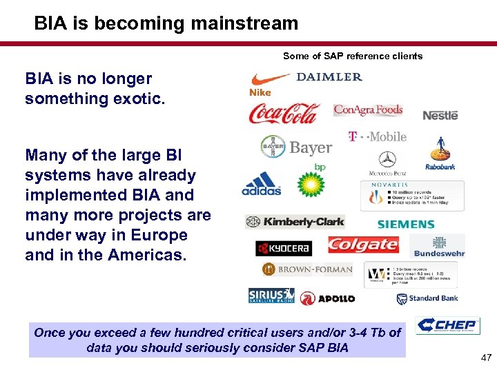 BIA is becoming mainstream Some of SAP reference clients BIA is no longer something