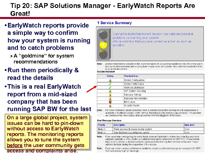 Tip 20: SAP Solutions Manager - Early. Watch Reports Are Great! • Early. Watch