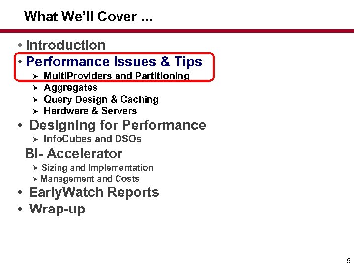 What We’ll Cover … • Introduction • Performance Issues & Tips Multi. Providers and