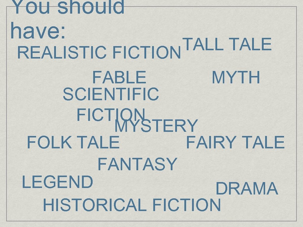 You should have: TALL TALE REALISTIC FICTION FABLE MYTH SCIENTIFIC FICTION MYSTERY FOLK TALE