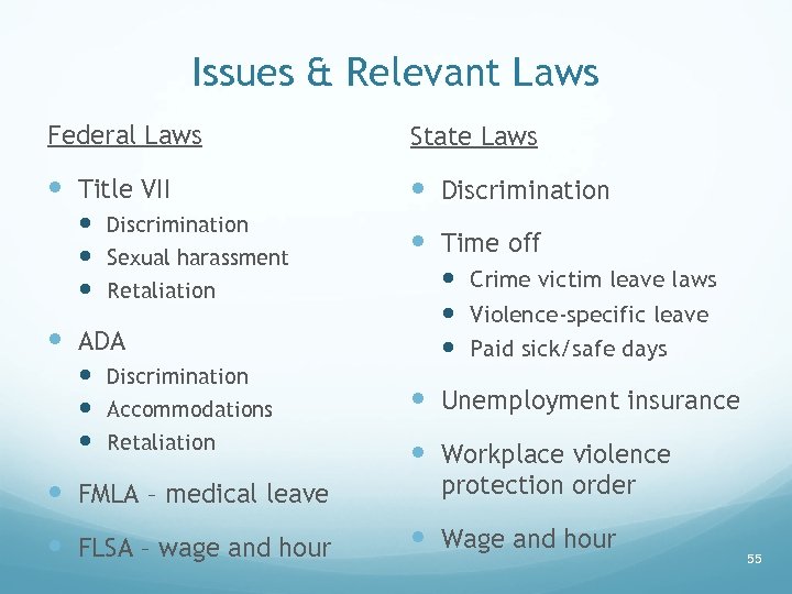 Issues & Relevant Laws Federal Laws State Laws Title VII Discrimination Sexual harassment Retaliation