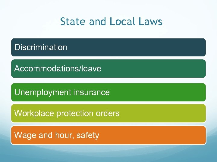 State and Local Laws Discrimination Accommodations/leave Unemployment insurance Workplace protection orders Wage and hour,