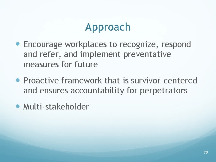 Approach Encourage workplaces to recognize, respond and refer, and implement preventative measures for future