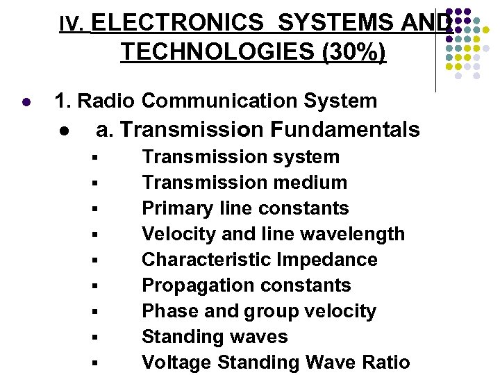 IV. ELECTRONICS SYSTEMS AND TECHNOLOGIES (30%) l 1. Radio Communication System l a. Transmission