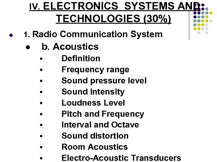 IV. ELECTRONICS SYSTEMS AND TECHNOLOGIES (30%) l 1. Radio Communication System l b. Acoustics