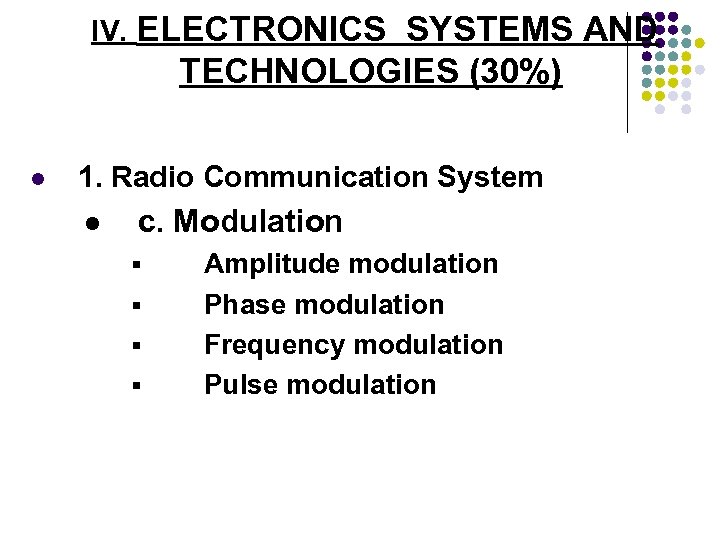 IV. ELECTRONICS SYSTEMS AND TECHNOLOGIES (30%) l 1. Radio Communication System l c. Modulation