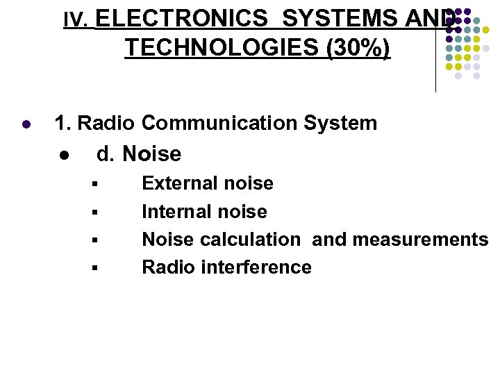 IV. ELECTRONICS SYSTEMS AND TECHNOLOGIES (30%) l 1. Radio Communication System l d. Noise