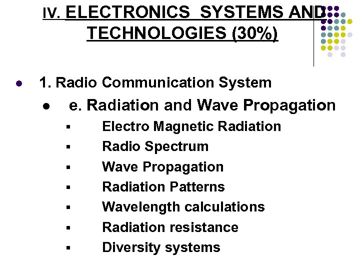 IV. ELECTRONICS SYSTEMS AND TECHNOLOGIES (30%) l 1. Radio Communication System l e. Radiation