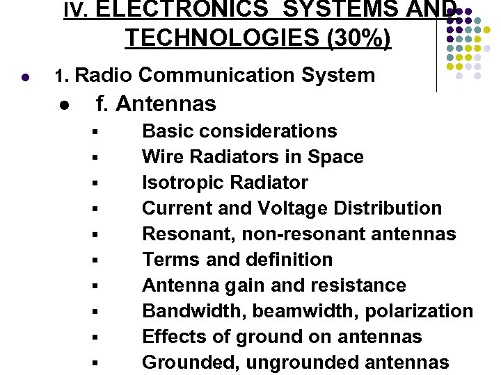 IV. ELECTRONICS SYSTEMS AND TECHNOLOGIES (30%) l 1. Radio Communication System l f. Antennas