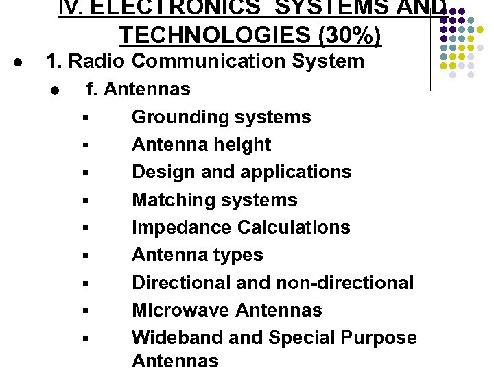 IV. ELECTRONICS SYSTEMS AND TECHNOLOGIES (30%) l 1. Radio Communication System l f. Antennas