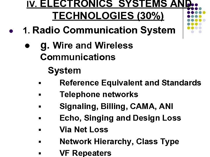 IV. ELECTRONICS SYSTEMS AND l TECHNOLOGIES (30%) 1. Radio Communication System l g. Wire