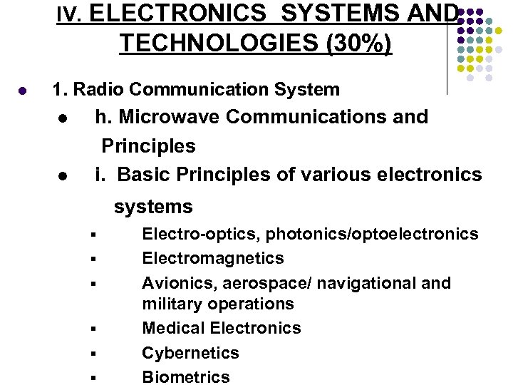 IV. ELECTRONICS SYSTEMS AND TECHNOLOGIES (30%) l 1. Radio Communication System l l h.