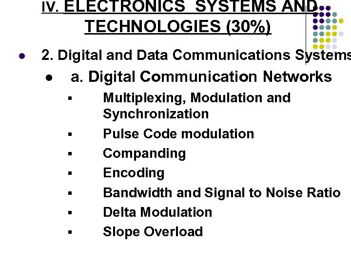 IV. ELECTRONICS SYSTEMS AND TECHNOLOGIES (30%) l 2. Digital and Data Communications Systems l