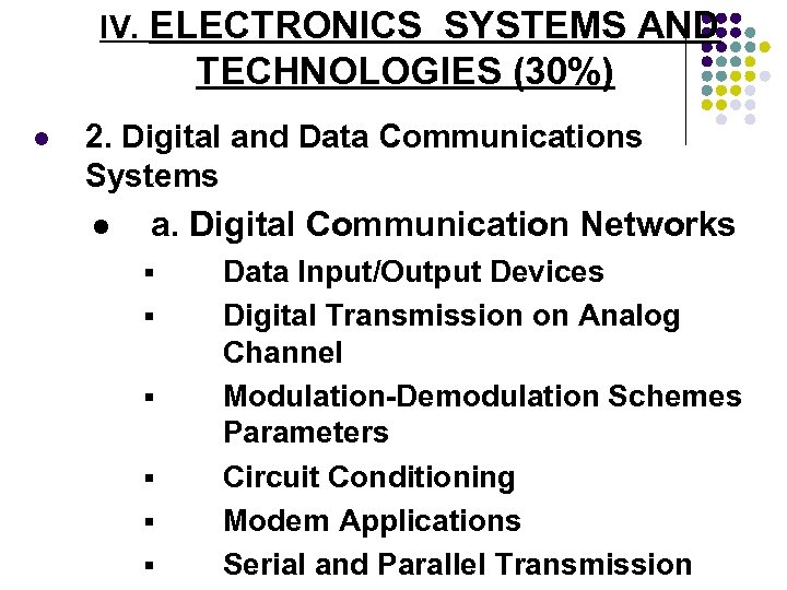 IV. ELECTRONICS SYSTEMS AND TECHNOLOGIES (30%) l 2. Digital and Data Communications Systems l