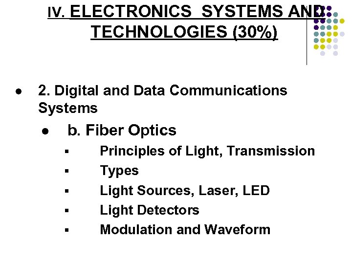 IV. ELECTRONICS SYSTEMS AND TECHNOLOGIES (30%) l 2. Digital and Data Communications Systems l