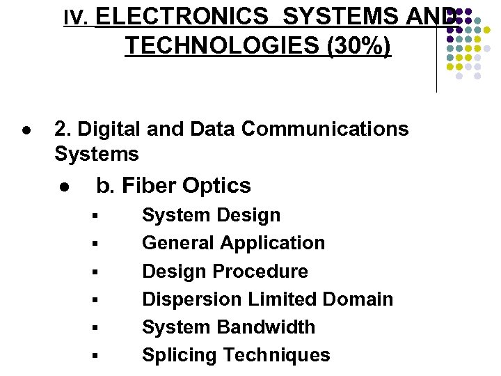 IV. ELECTRONICS SYSTEMS AND TECHNOLOGIES (30%) l 2. Digital and Data Communications Systems l