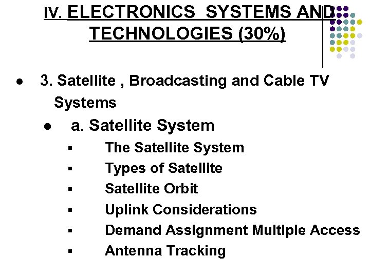 IV. ELECTRONICS SYSTEMS AND TECHNOLOGIES (30%) l 3. Satellite , Broadcasting and Cable TV