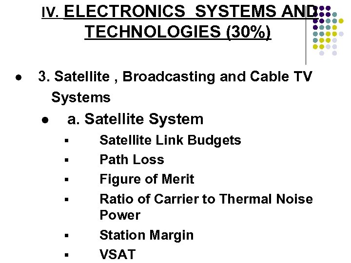 IV. ELECTRONICS SYSTEMS AND TECHNOLOGIES (30%) l 3. Satellite , Broadcasting and Cable TV