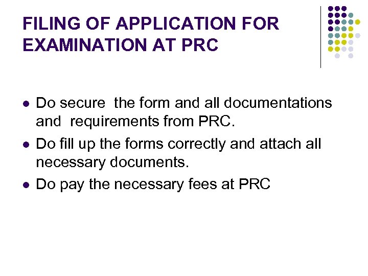 FILING OF APPLICATION FOR EXAMINATION AT PRC l l l Do secure the form