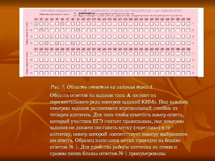 Рис. 7. Область ответов на задания типа А состоит из горизонтального ряда номеров заданий