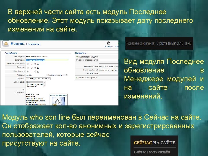 В верхней части сайта есть модуль Последнее обновление. Этот модуль показывает дату последнего изменения